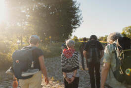 Eine kleine Gruppe an Menschen die man von hinten sieht wie sie in Richtung Sonnenuntergang laufen.