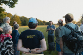 Eine gruppe von Menschen steht mit dem Rücken zur Kamera. Auf dem Shirt der Person etwa in der Mitte des Bildes ist der Schriftzug GERÄUSCHKULISSE zu lesen. Ein Mensch steht etwas rechts von der Mitte und hat ein Fernglas umhängen und ein Tablet in der Hand. Im Hintergrund sieht man eine saftig grüne Wiese im Sonnenuntergang, gesäumt von Bäumen.
